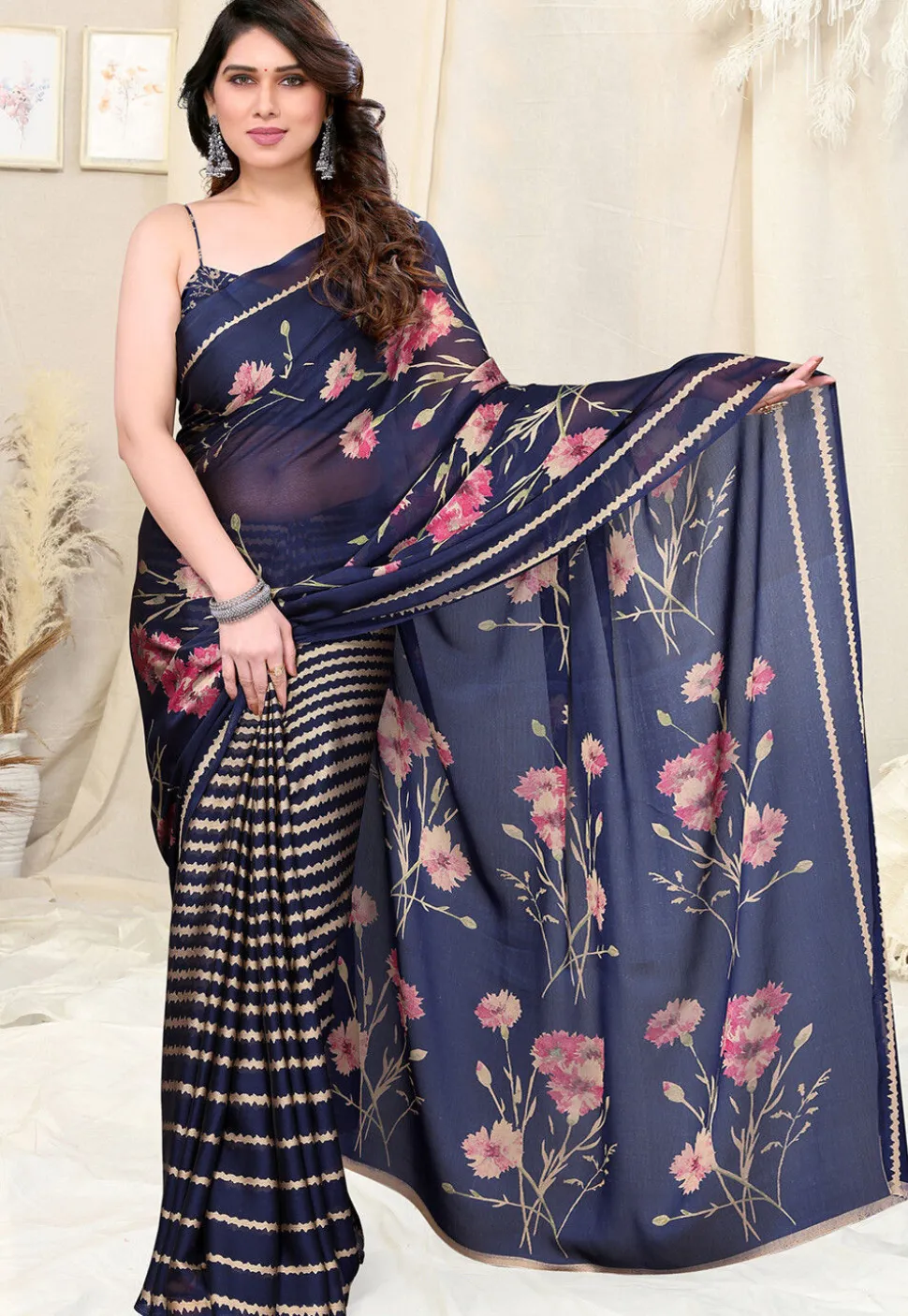 Half N Half Chiffon Saree in Navy Blue