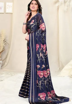 Half N Half Chiffon Saree in Navy Blue