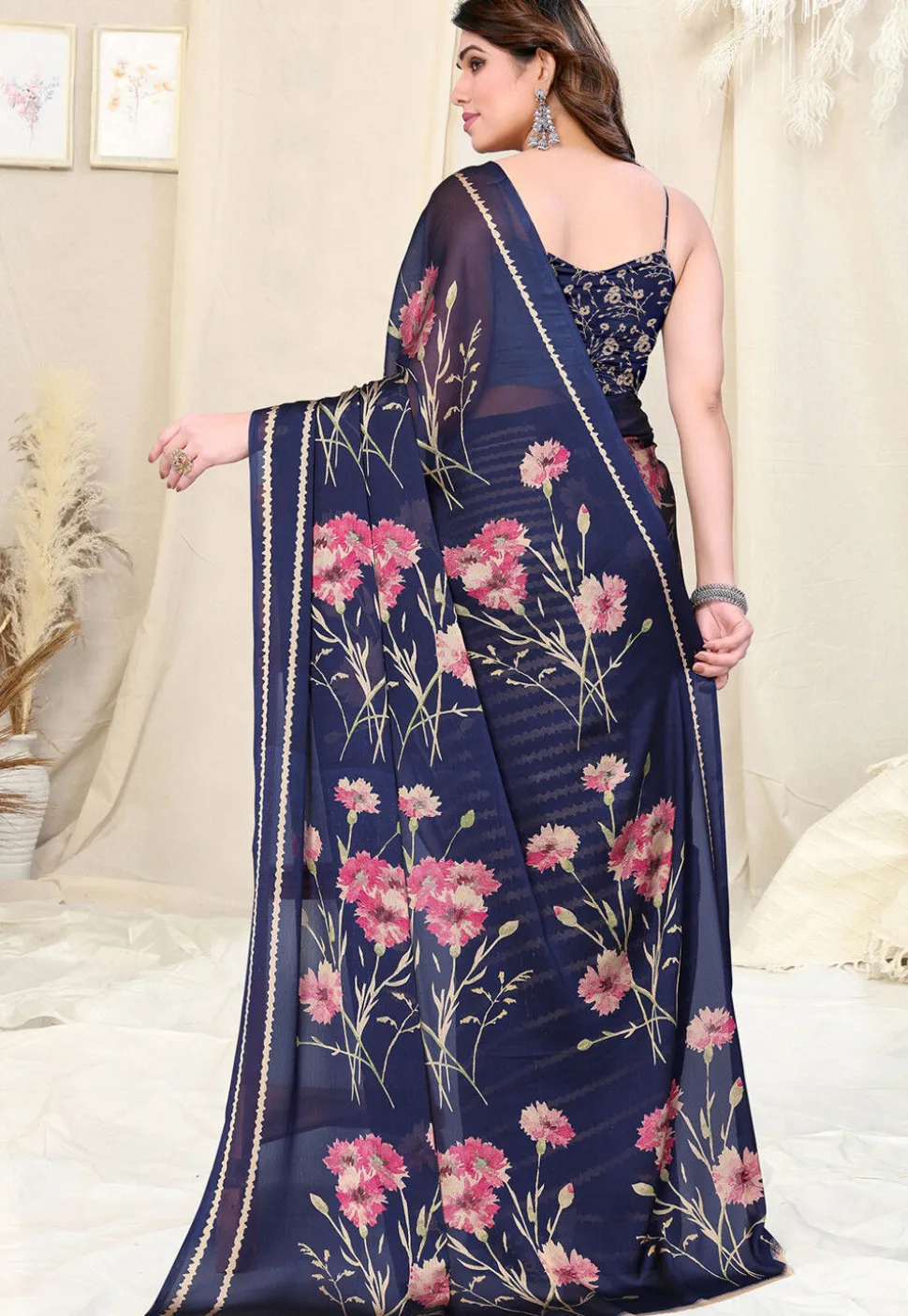Half N Half Chiffon Saree in Navy Blue