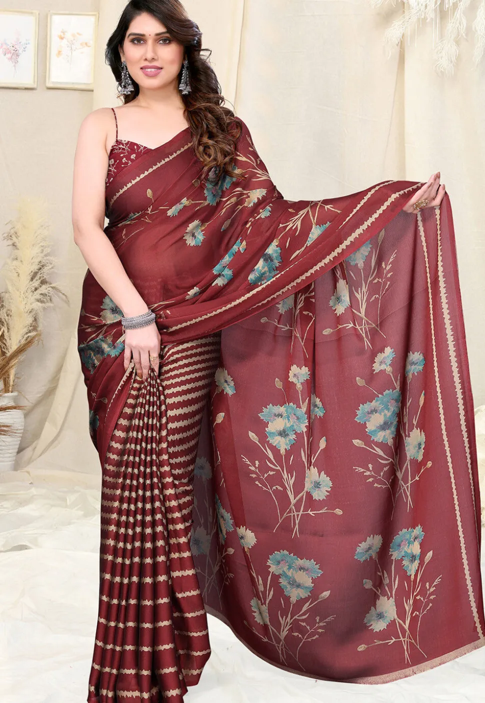 Half N Half Chiffon Saree in Maroon