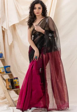 Half N Half Cotton Saree in Black and Fuchsia