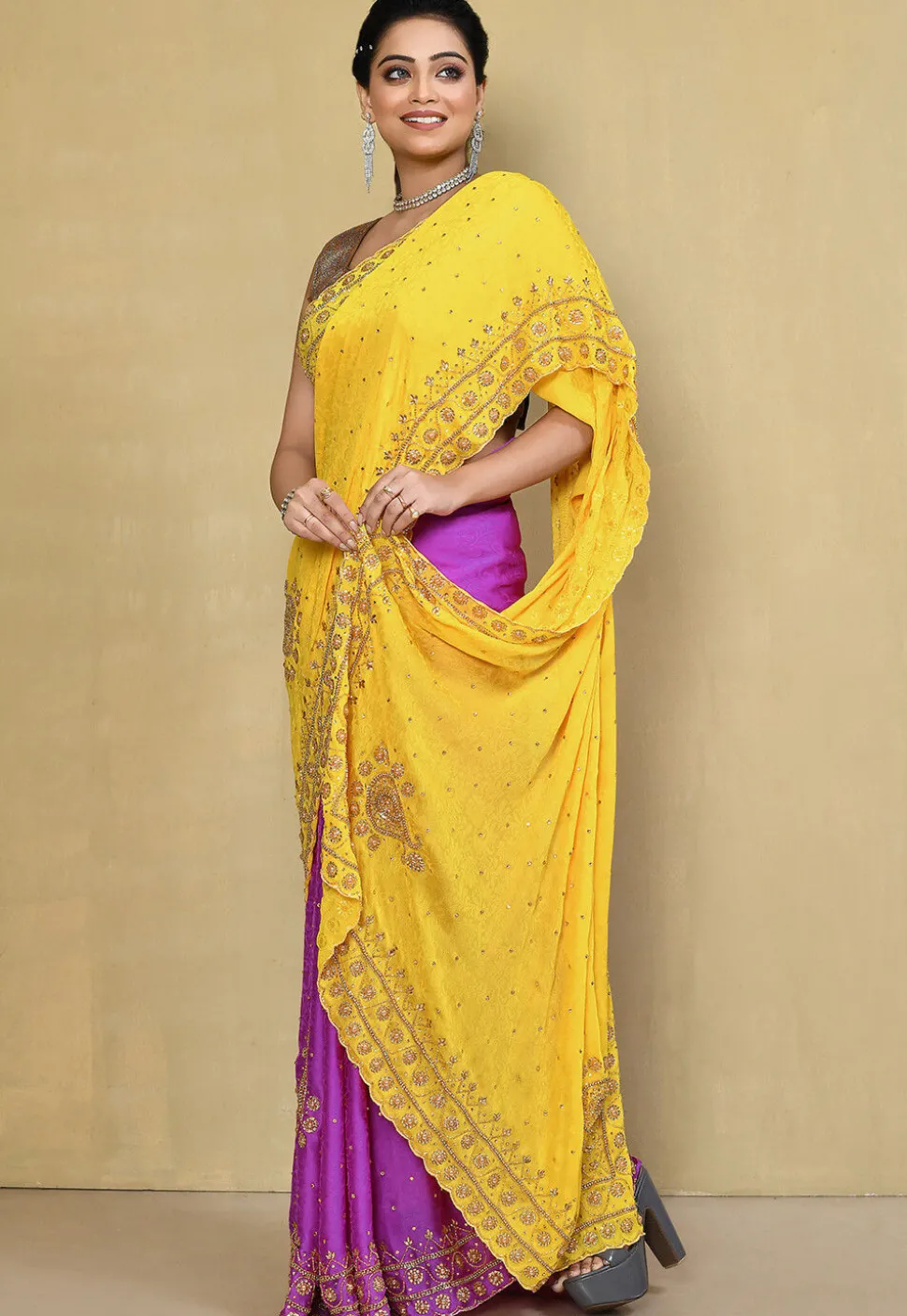 Half N Half Crepe Jacquard Saree in Yellow and Purple