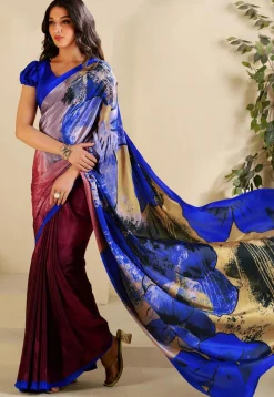 Half N Half Crepe Saree in Maroon and Multicolor