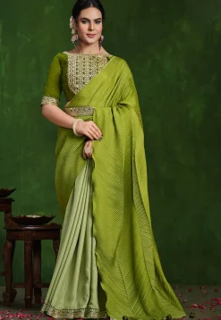Half N Half Crepe Saree in Olive Green