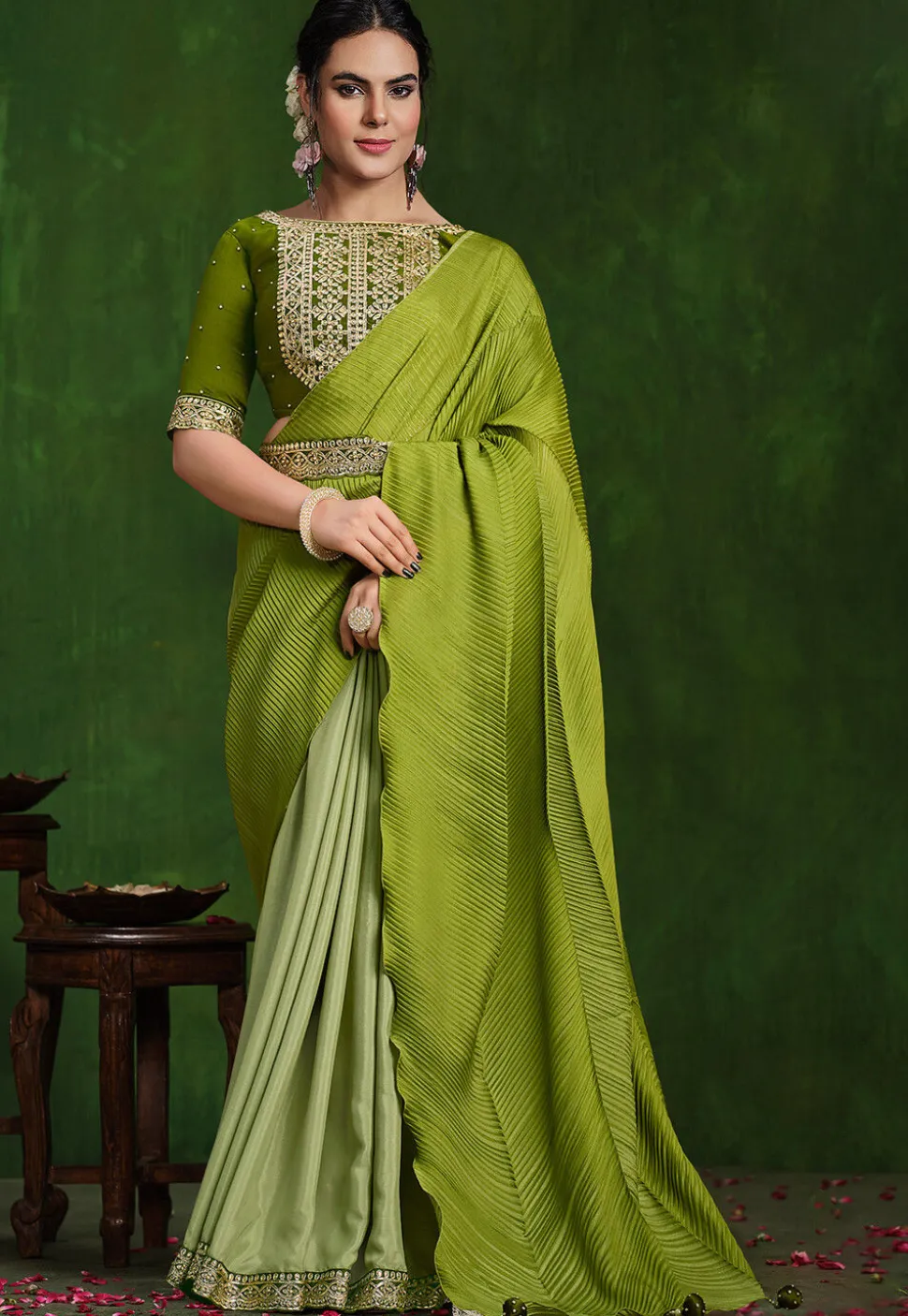 Half N Half Crepe Saree in Olive Green
