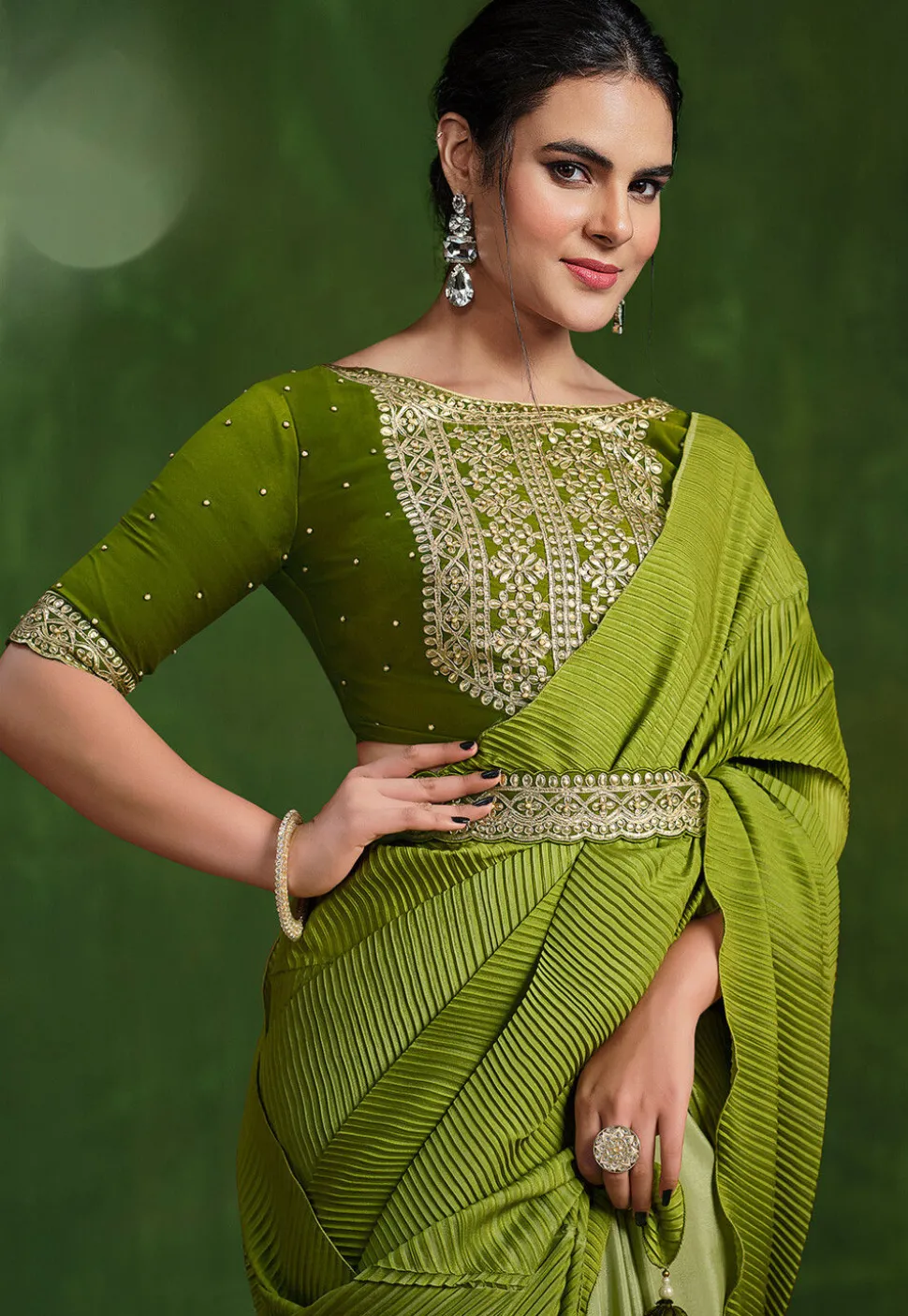 Half N Half Crepe Saree in Olive Green