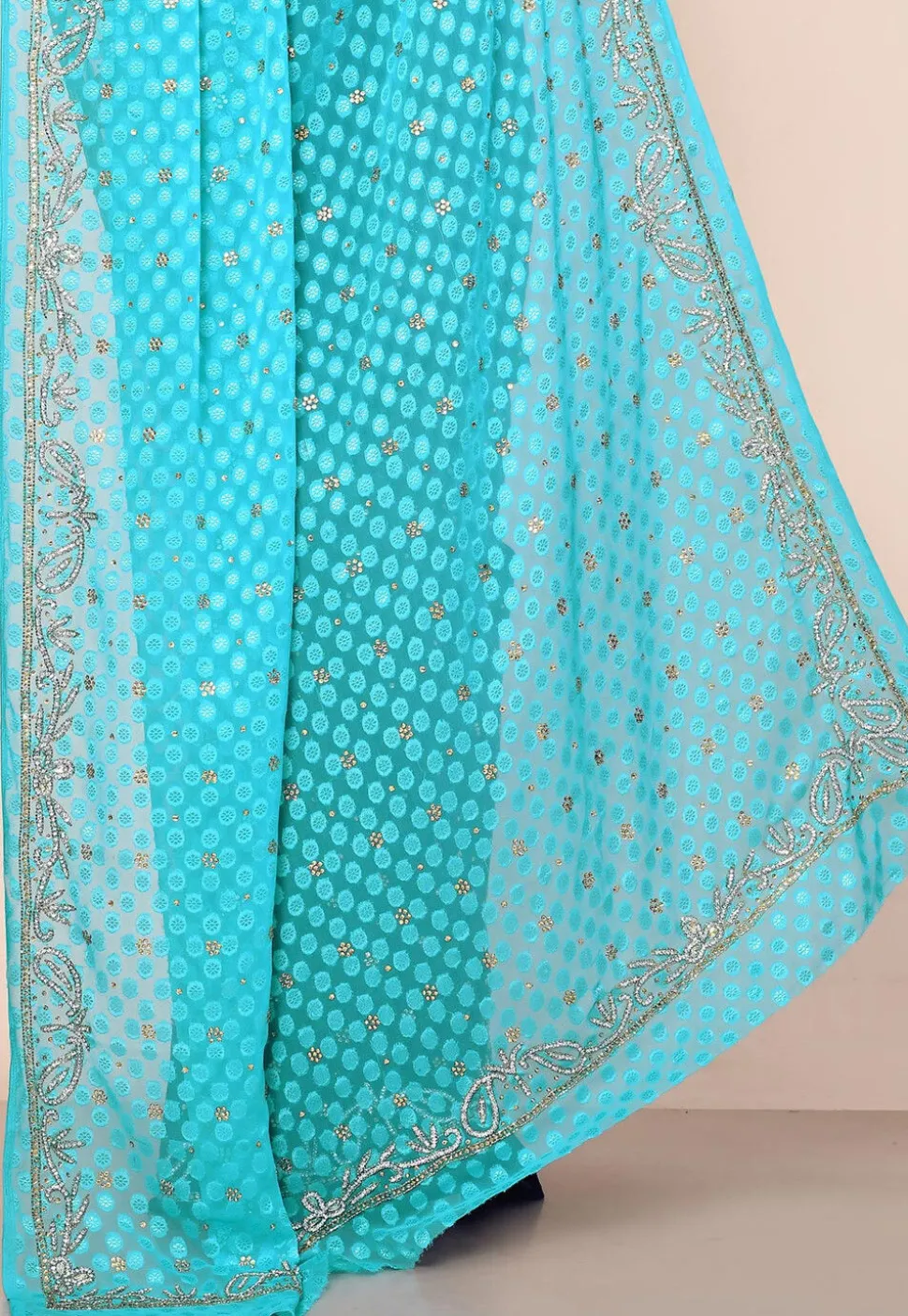 Half N Half Georgette Brasso Saree in Navy Blue and Blue