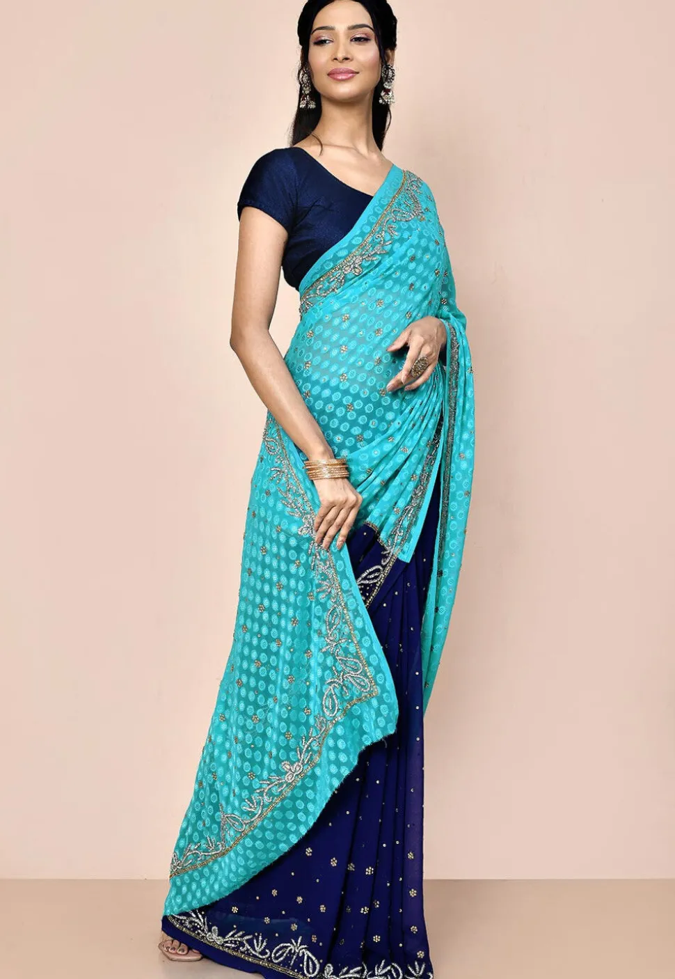 Half N Half Georgette Brasso Saree in Navy Blue and Blue