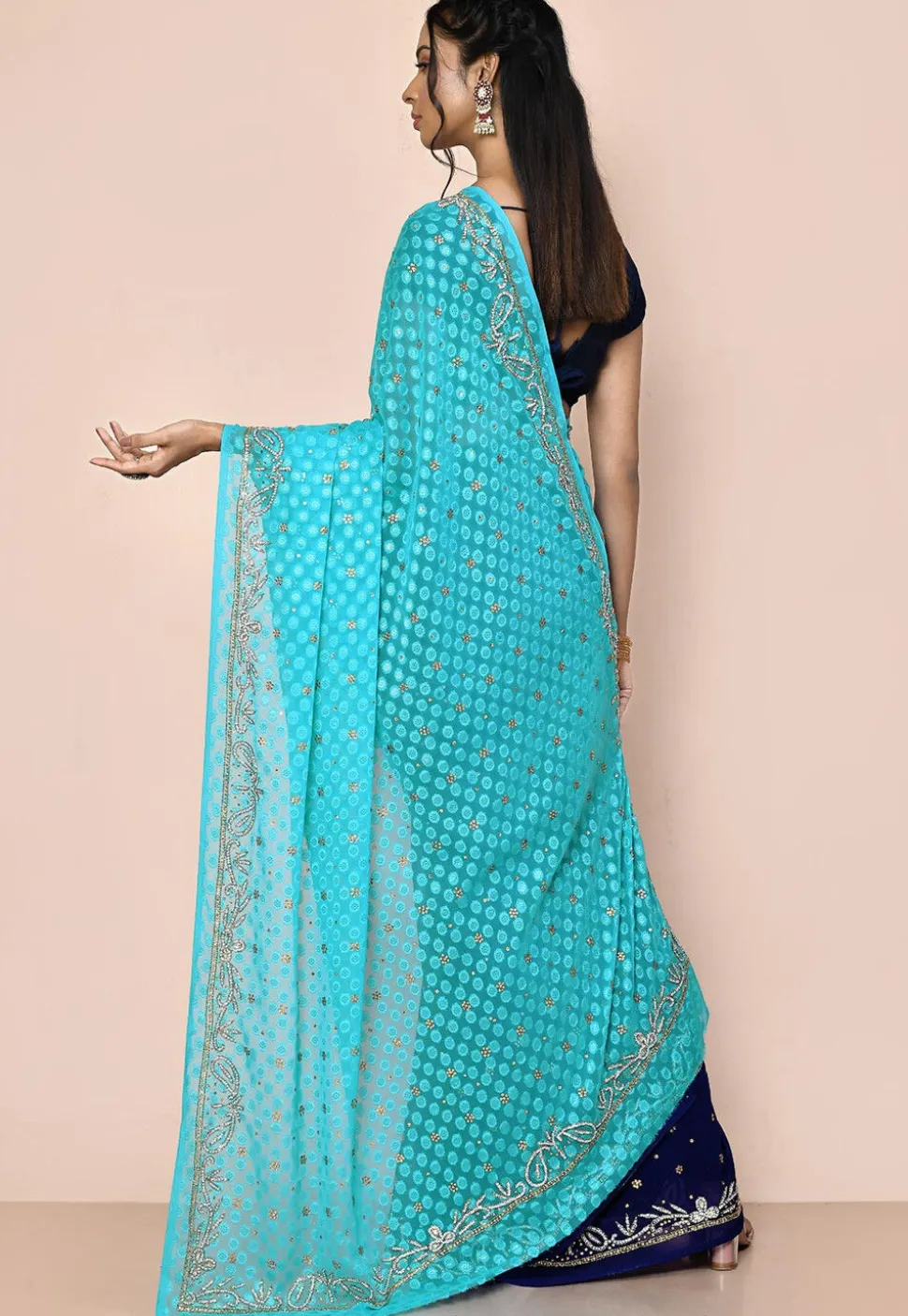 Half N Half Georgette Brasso Saree in Navy Blue and Blue