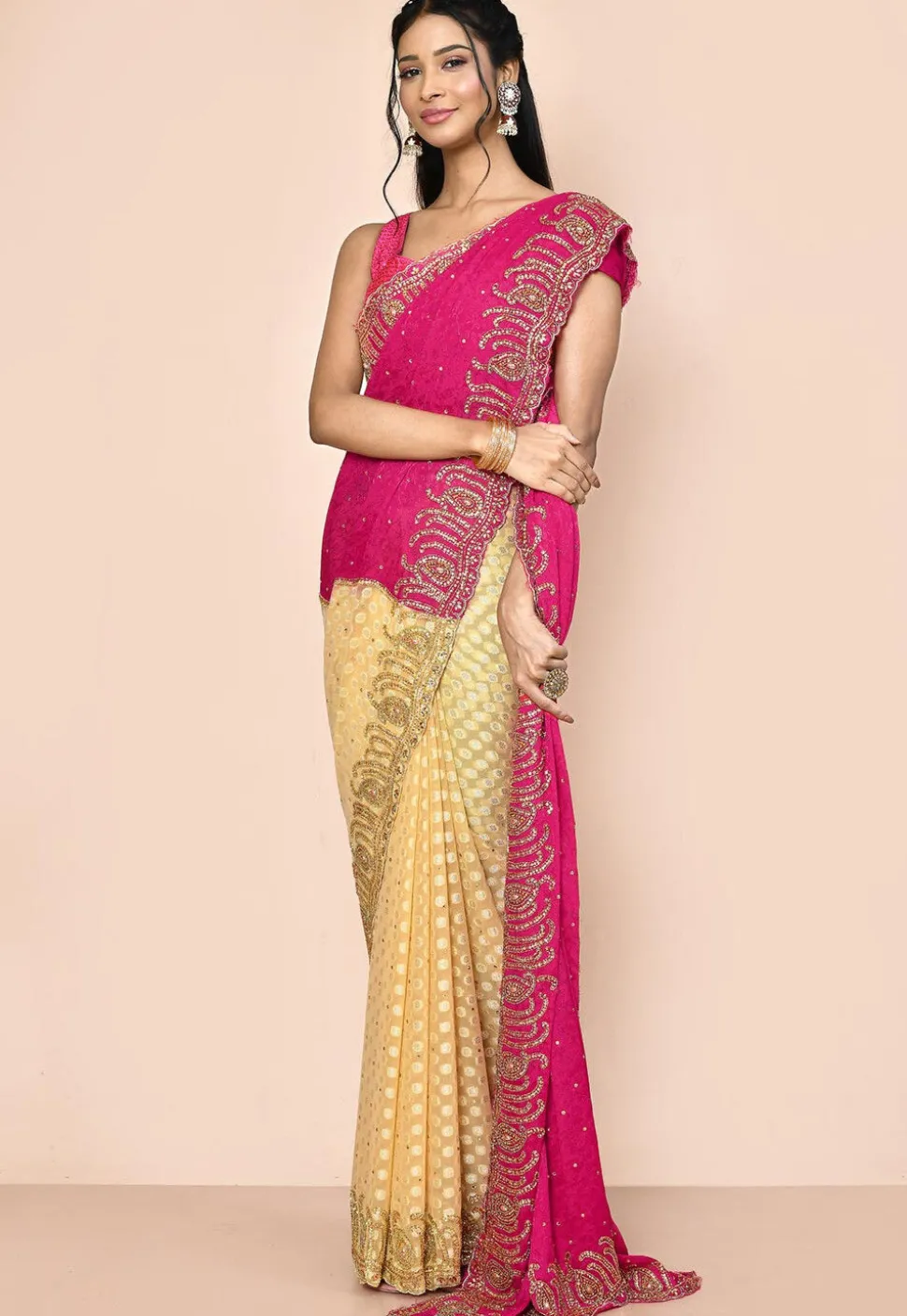 Half N Half Georgette Brasso Saree in Beige and Fuchsia