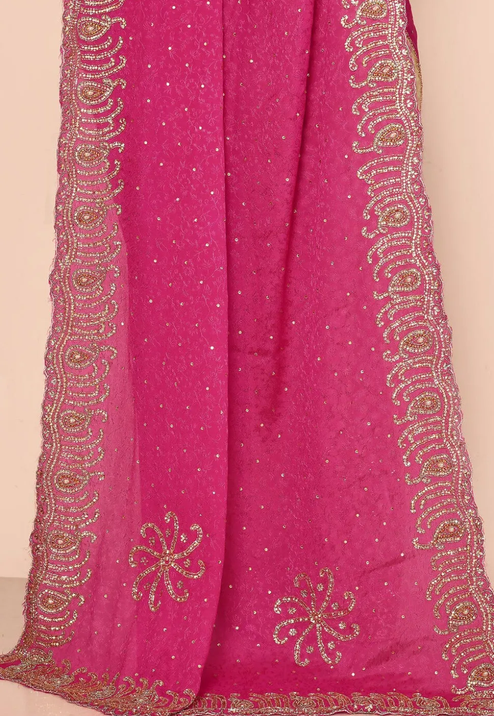 Half N Half Georgette Brasso Saree in Beige and Fuchsia