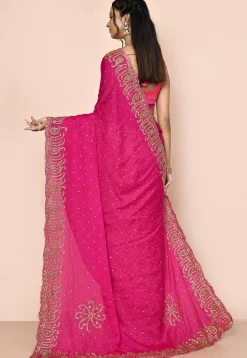 Half N Half Georgette Brasso Saree in Beige and Fuchsia