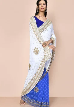 Half N Half Georgette Brasso Saree in White and Blue