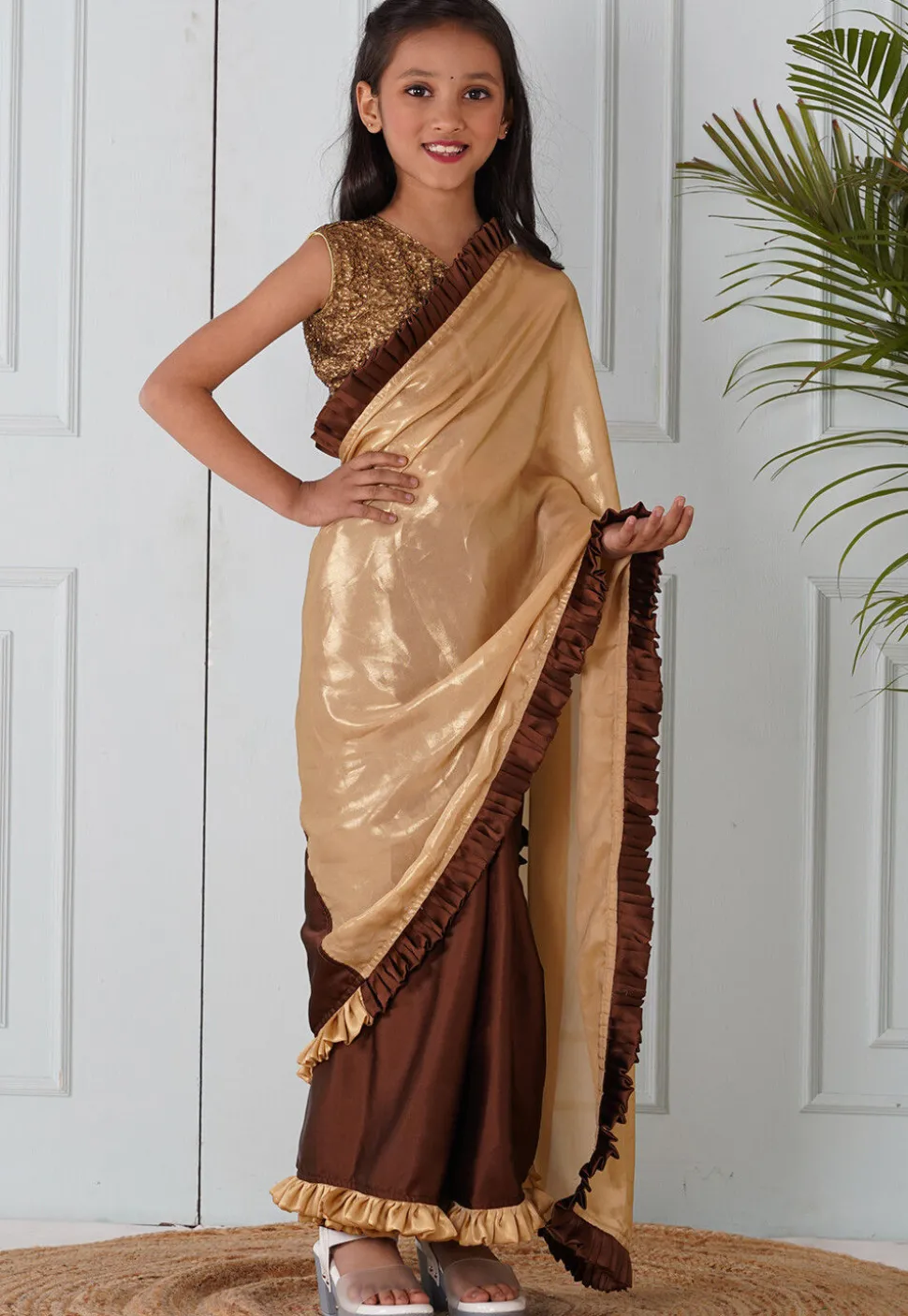 Half N Half Georgette Pre-stitched Saree in Brown and Beige