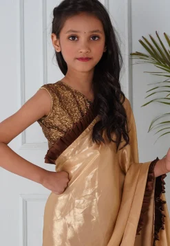 Half N Half Georgette Pre-stitched Saree in Brown and Beige