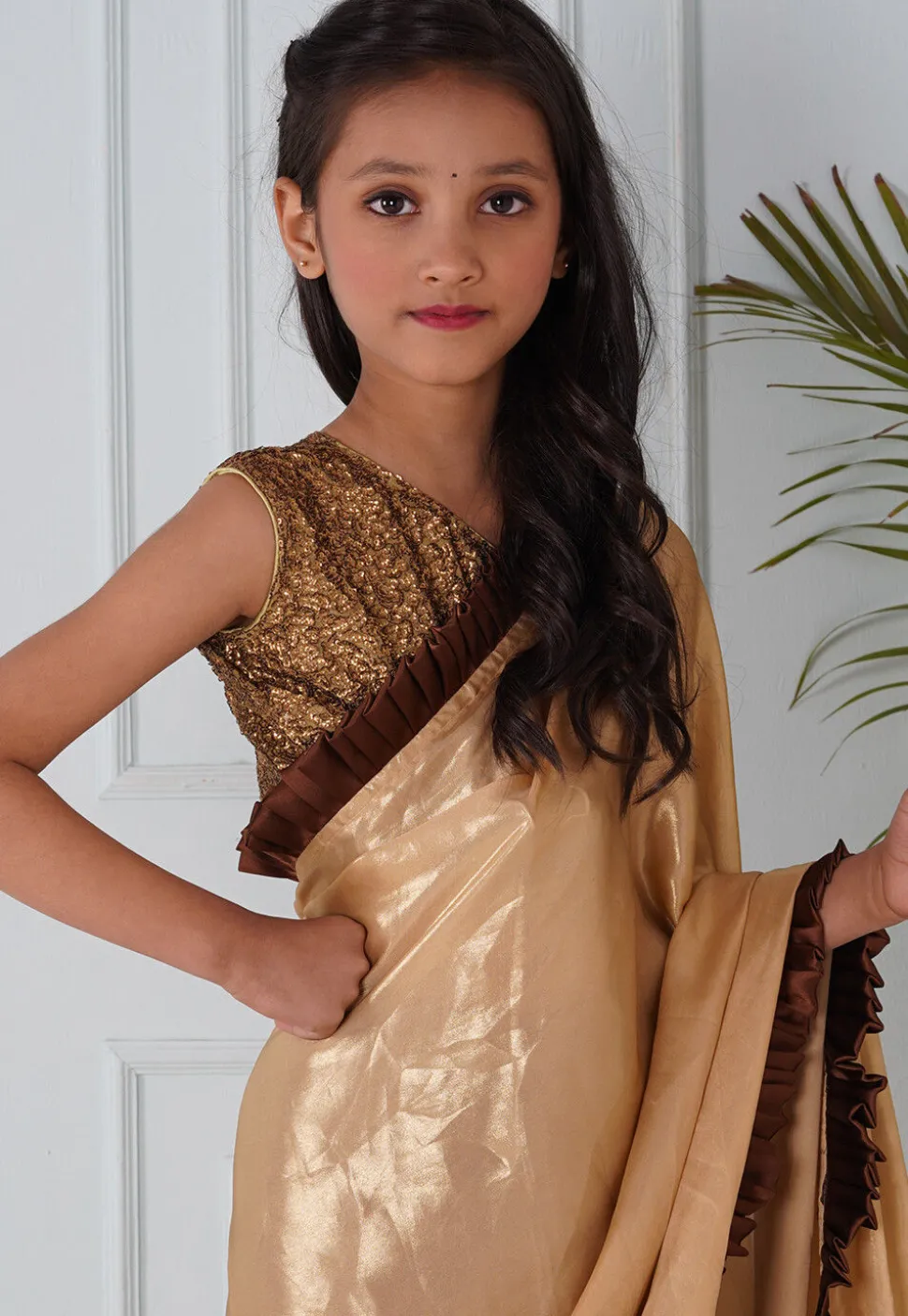 Half N Half Georgette Pre-stitched Saree in Brown and Beige