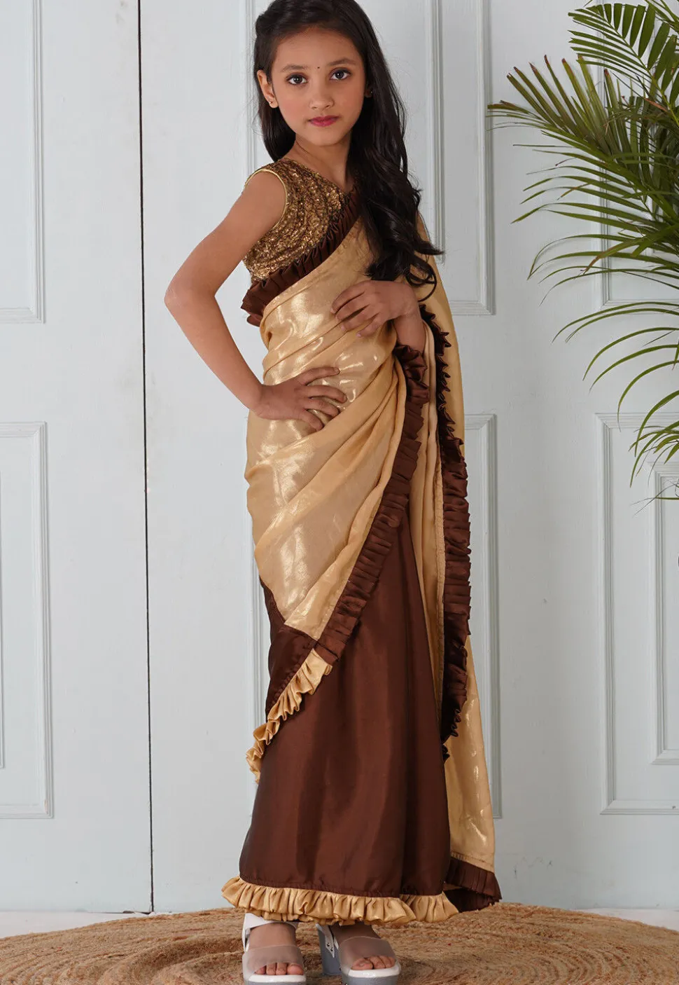 Half N Half Georgette Pre-stitched Saree in Brown and Beige
