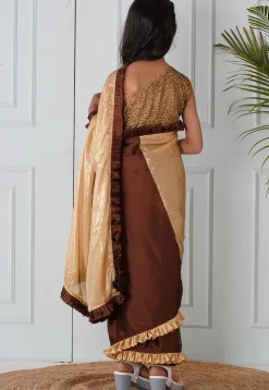 Half N Half Georgette Pre-stitched Saree in Brown and Beige