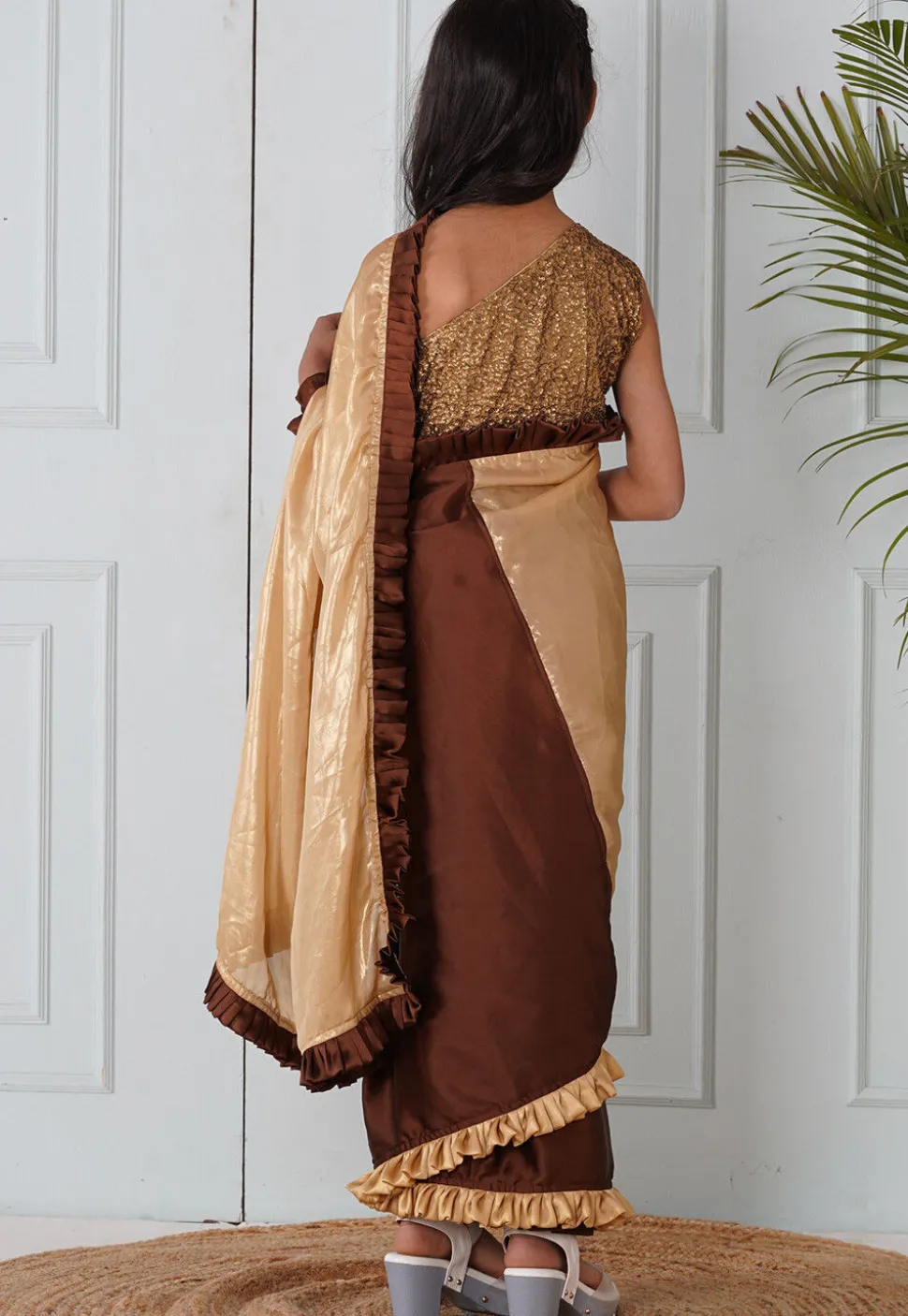 Half N Half Georgette Pre-stitched Saree in Brown and Beige