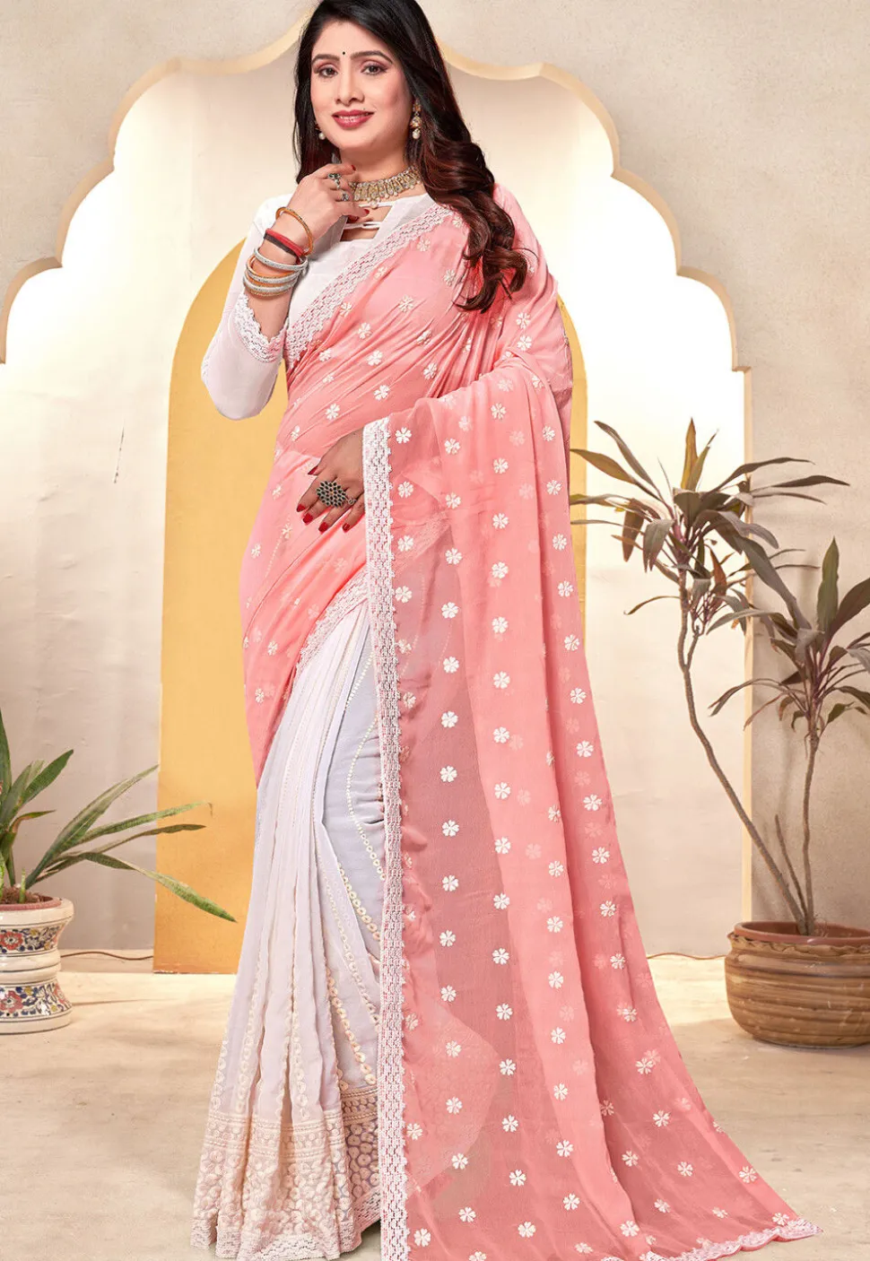 Half N Half Georgette Saree in Peach and Off White