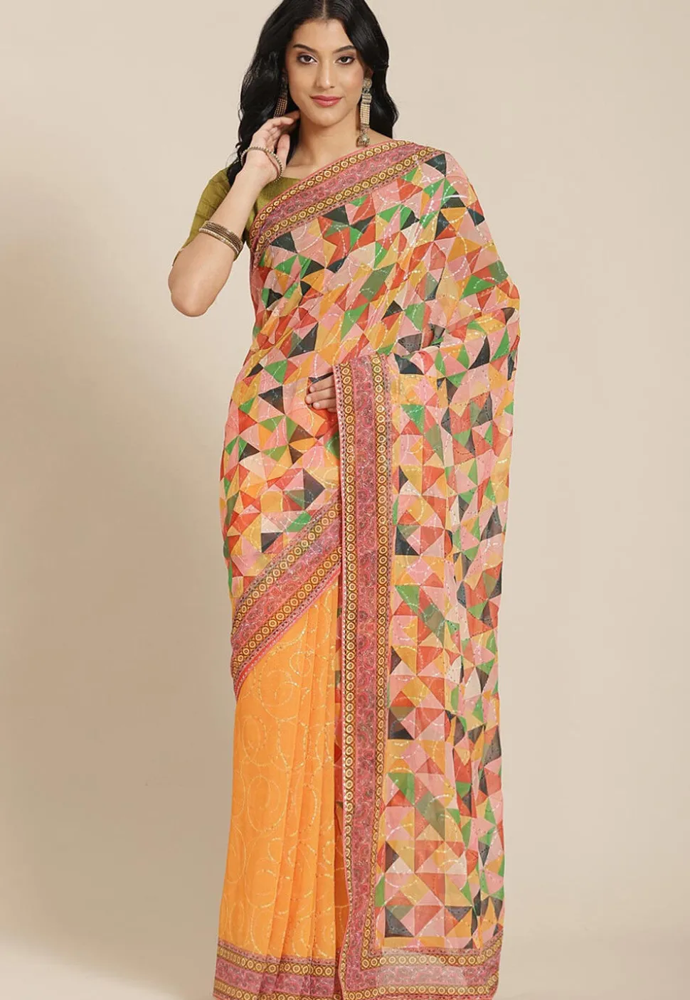 Half N Half Georgette Saree in Multicolor and Mustard