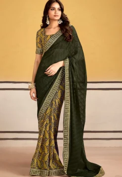 Half N Half Georgette Saree in Dark Green and Navy Blue