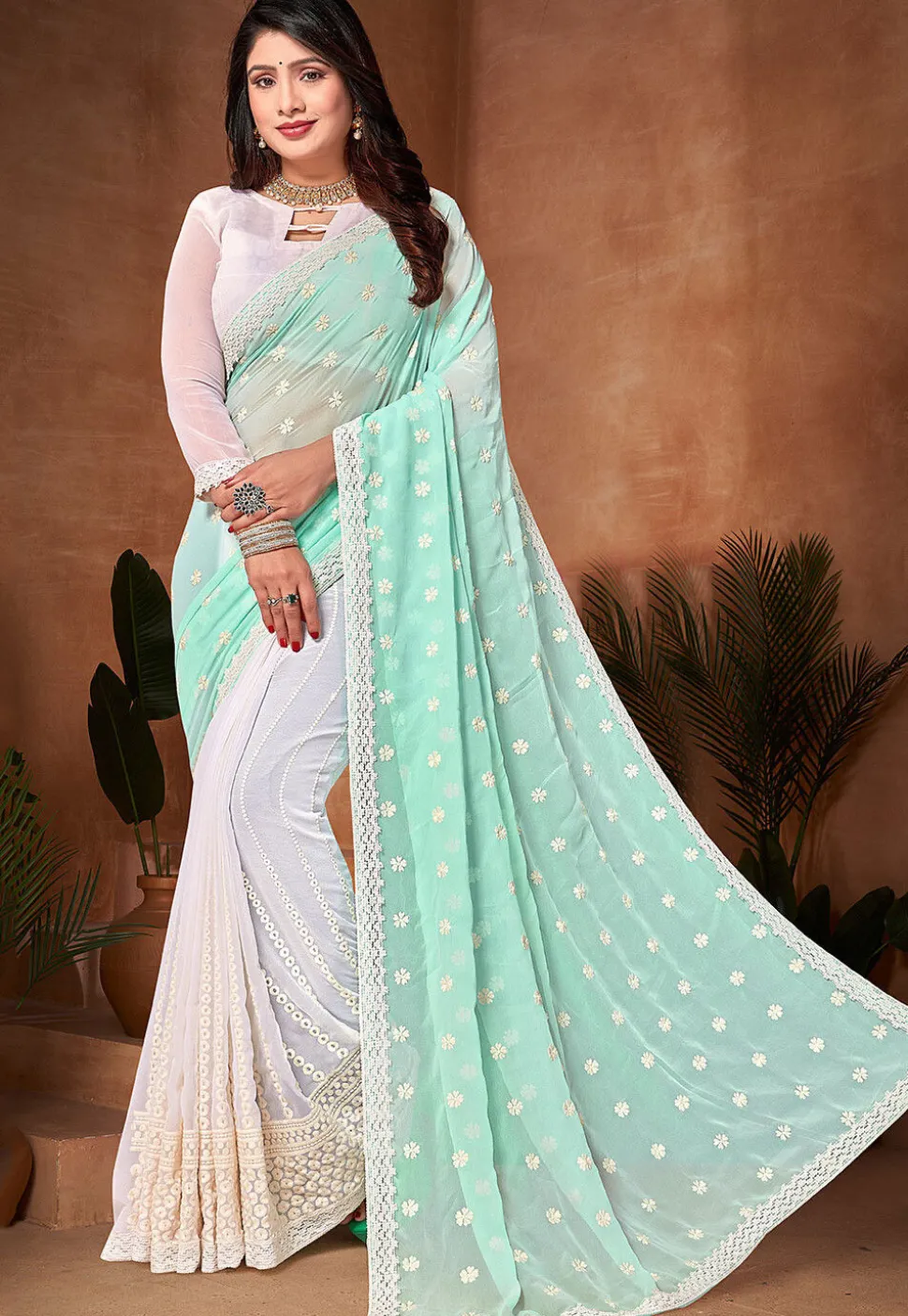 Half N Half Georgette Saree in Sky Blue and Off White