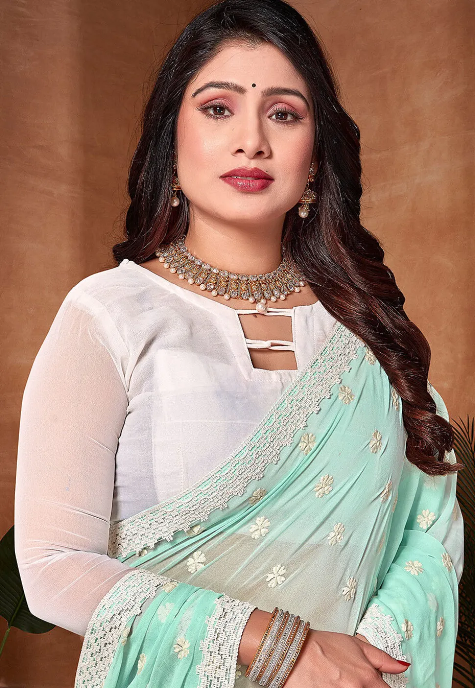 Half N Half Georgette Saree in Sky Blue and Off White