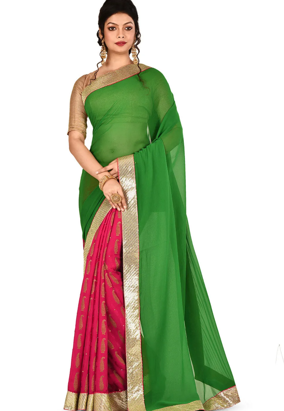 Half N Half Georgette Saree in Green and Pink