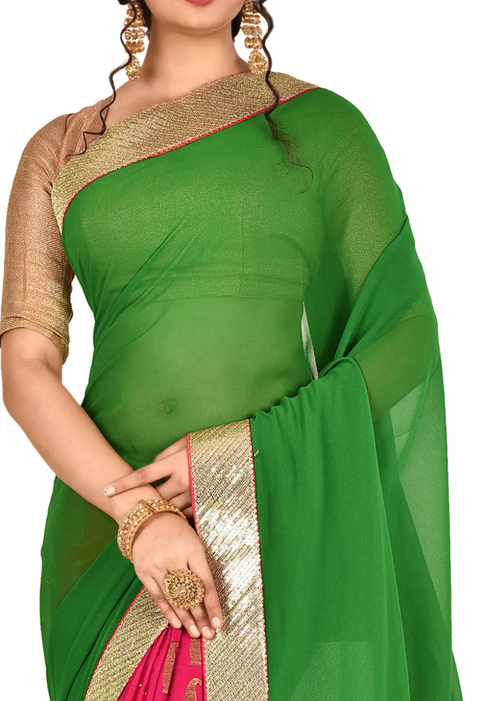 Half N Half Georgette Saree in Green and Pink