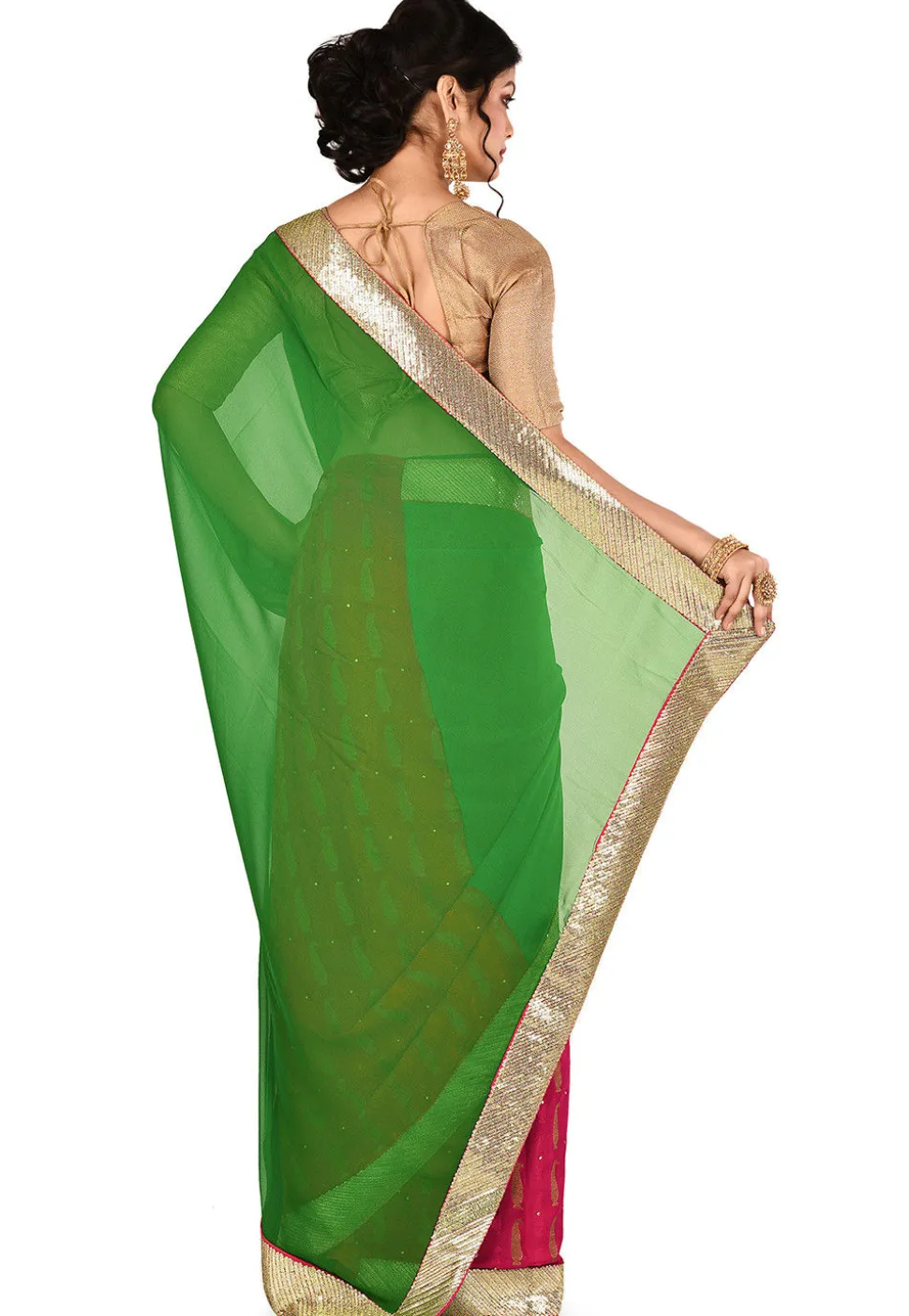 Half N Half Georgette Saree in Green and Pink