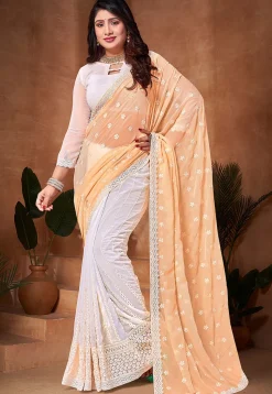 Half N Half Georgette Saree in Yellow and Off White