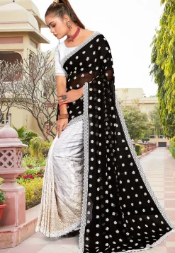 Half N Half Georgette Saree in Black and Off White