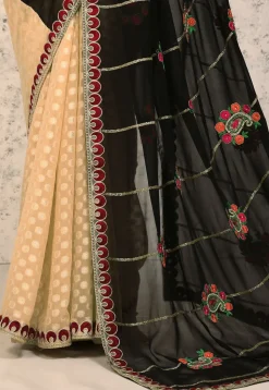 Half N Half Georgette Saree in Black and Beige