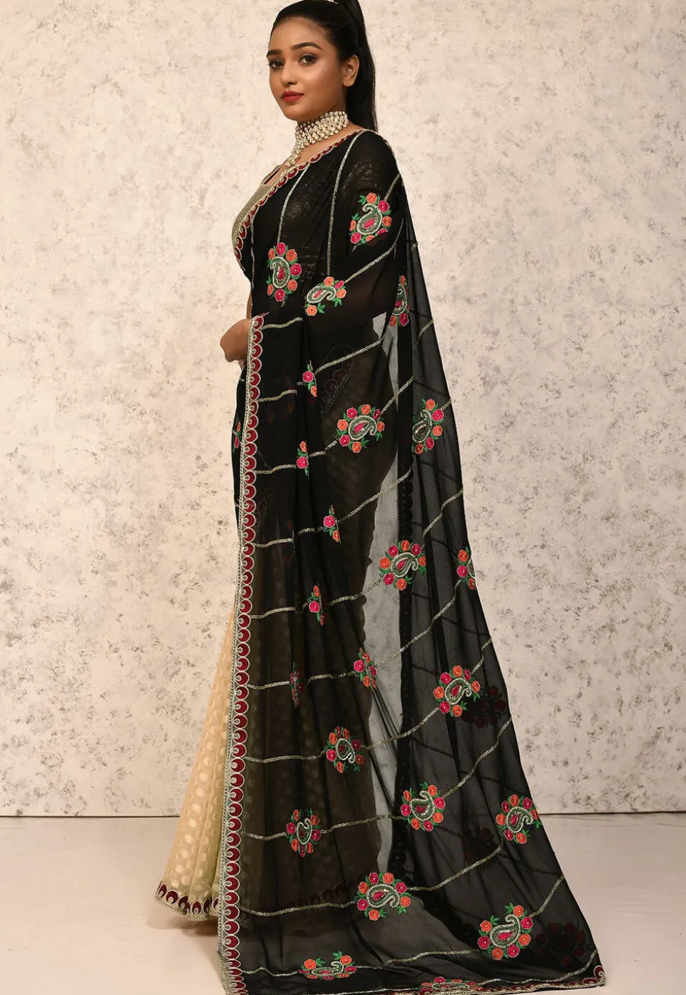 Half N Half Georgette Saree in Black and Beige