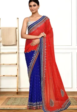 Half N Half Georgette Saree in Red and Navy Blue