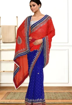 Half N Half Georgette Saree in Red and Navy Blue