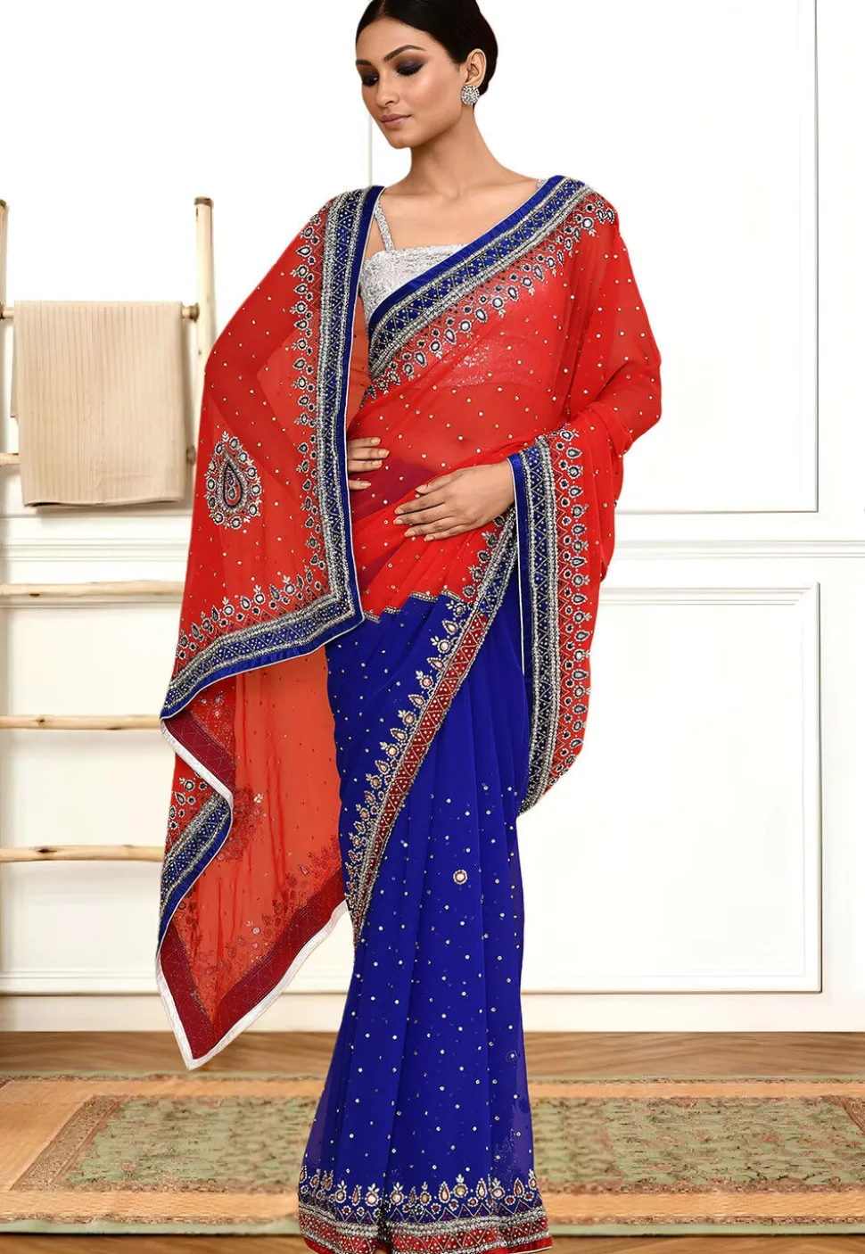 Half N Half Georgette Saree in Red and Navy Blue