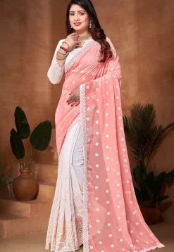 Half N Half Georgette Saree in Peach and Off White