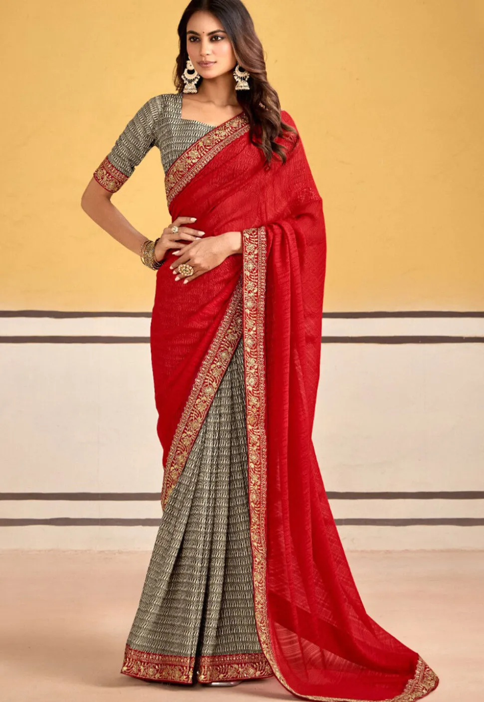 Half N Half Georgette Saree in Red and Off White