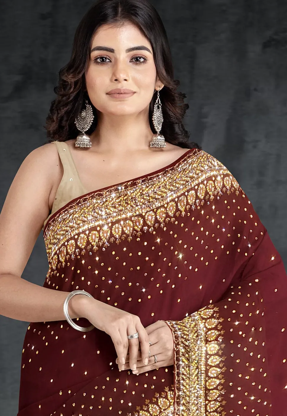 Half N Half Georgette Saree in Maroon and Beige