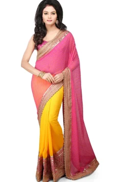 Half N Half Georgette Saree in Pink and Yellow