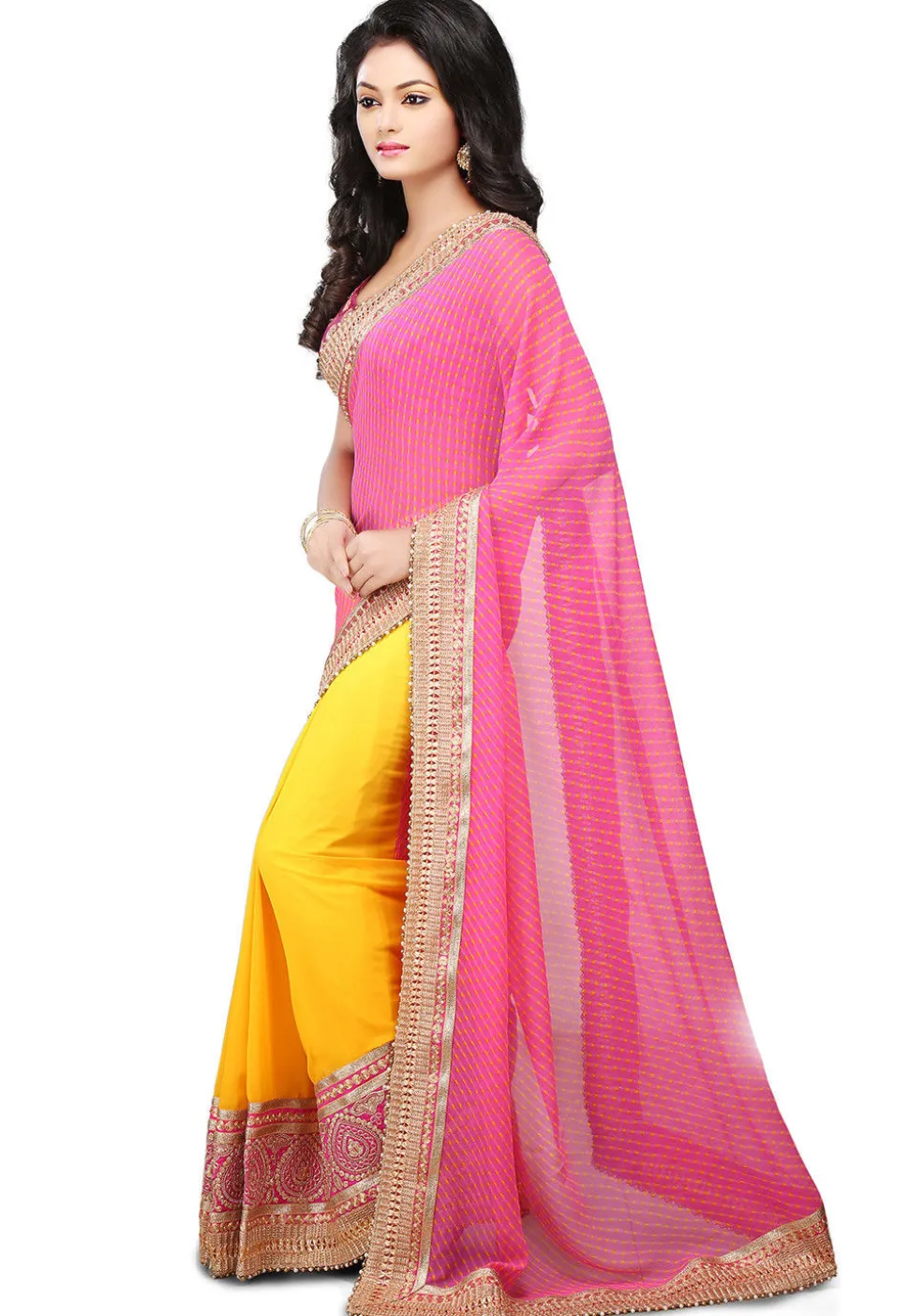Half N Half Georgette Saree in Pink and Yellow