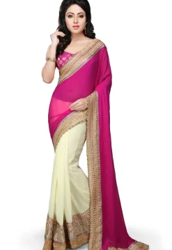 Half N Half Georgette Saree in Fuchsia and Off White