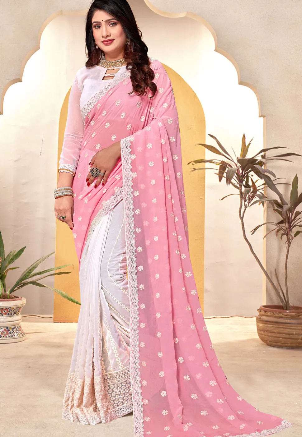 Half N Half Georgette Saree in Pink and Off White