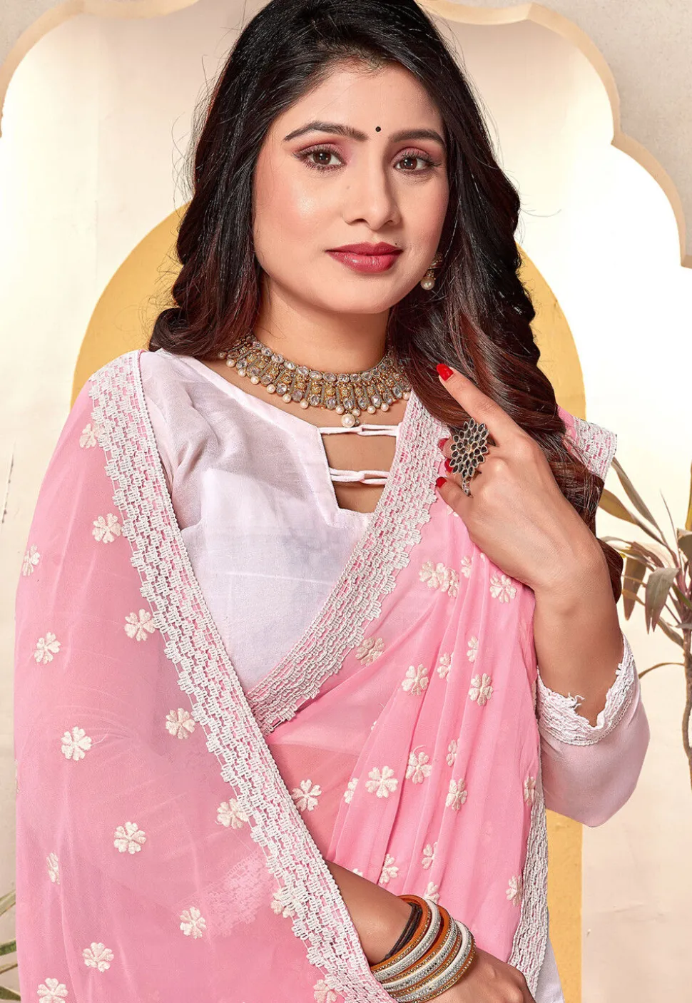 Half N Half Georgette Saree in Pink and Off White