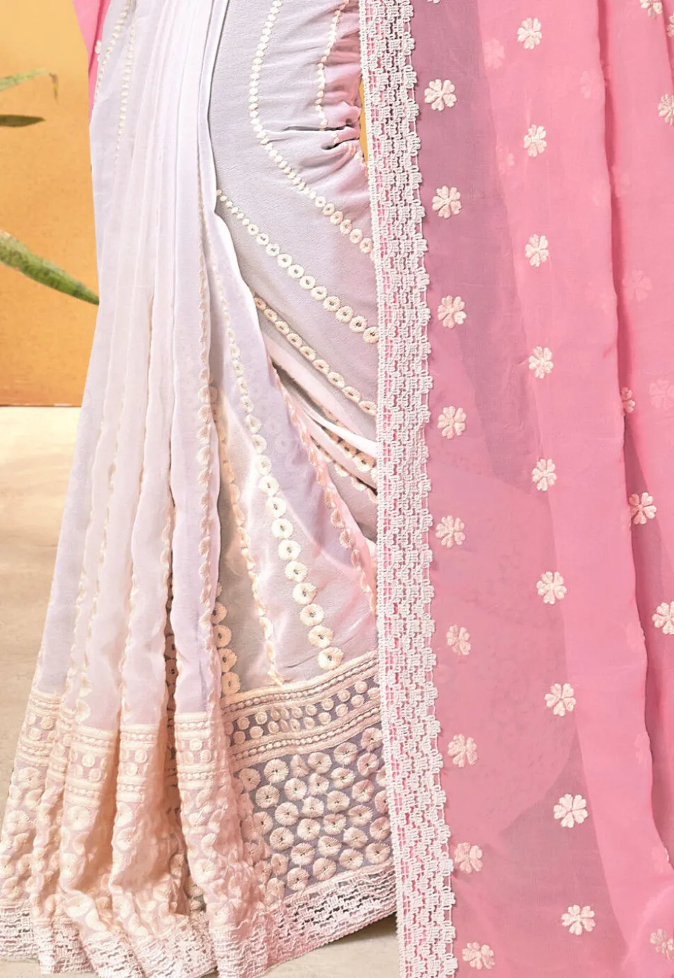 Half N Half Georgette Saree in Pink and Off White