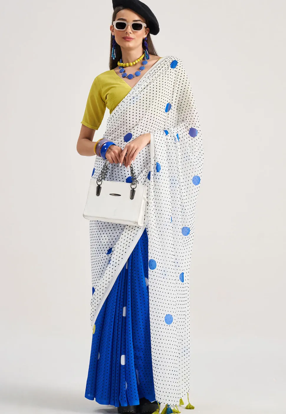 Half N Half Georgette Saree in Off White and Blue