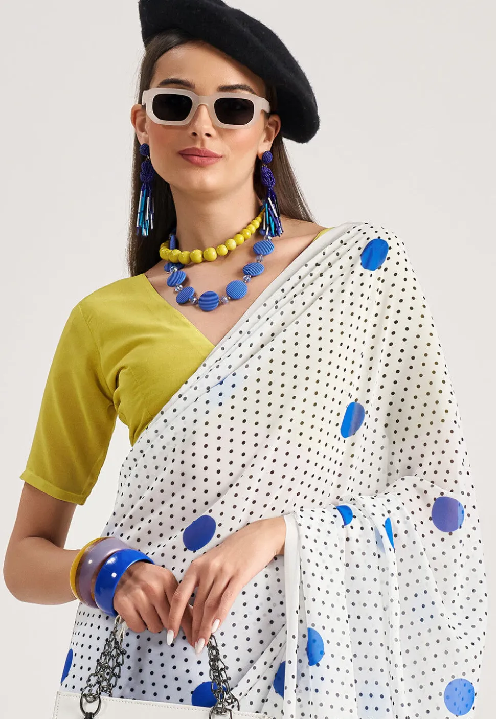 Half N Half Georgette Saree in Off White and Blue