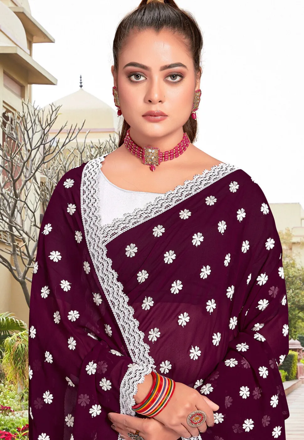 Half N Half Georgette Saree in Wine and Off White